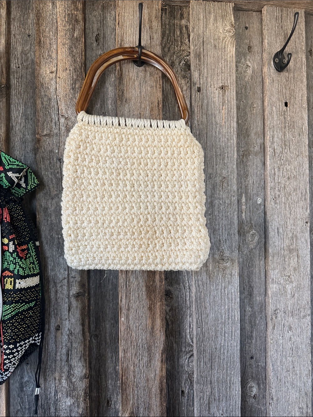Cream Crochet Tote with Curved vintage plastic Handles